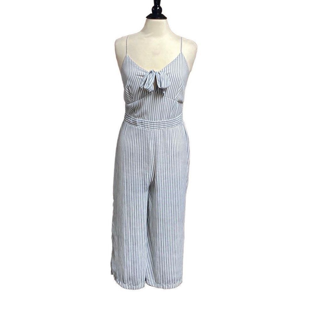 Japna Blue & White Stripe Spaghetti Strap Wide Leg Crop Jumpsuit Size Large